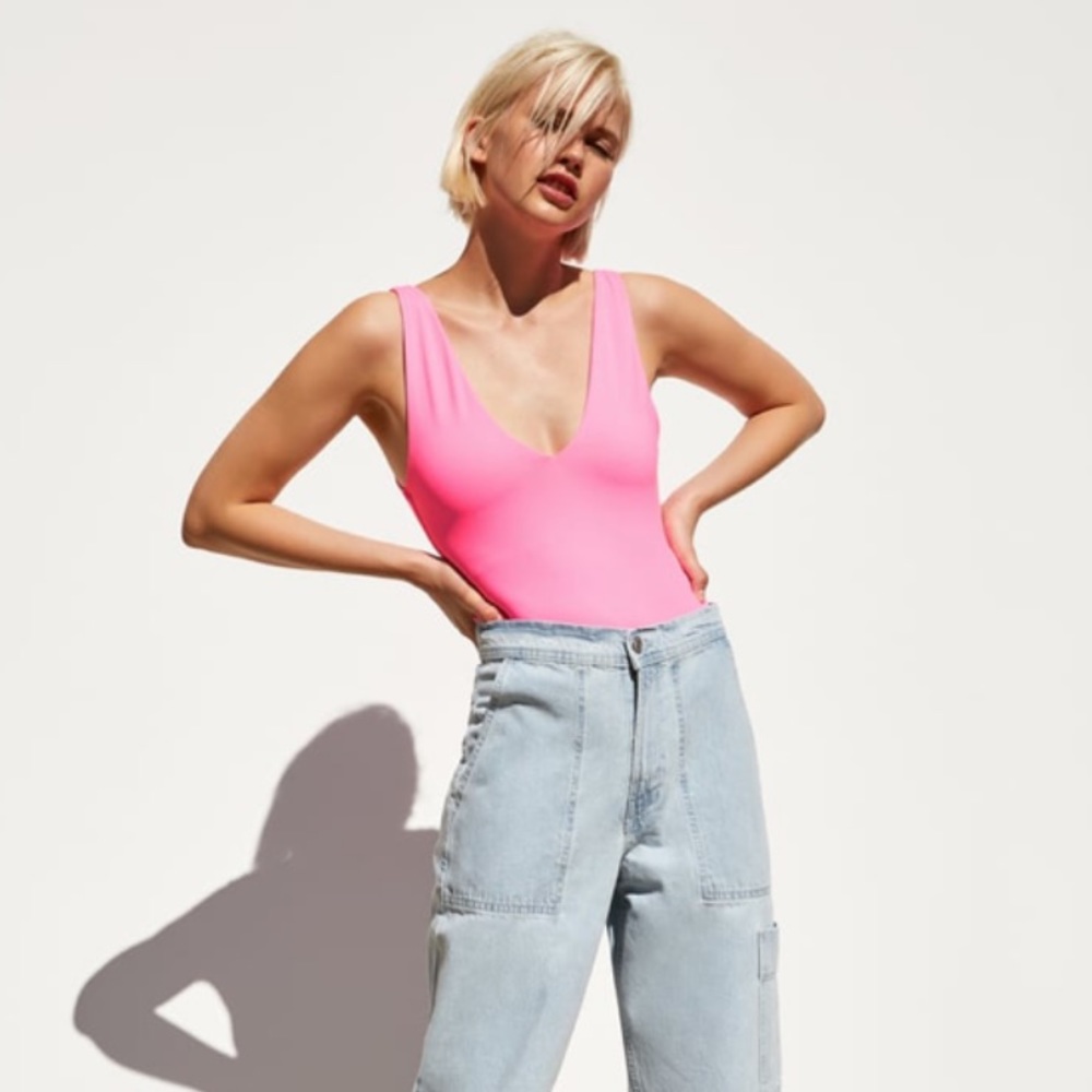 Neon pink bodysuit with thick straps
